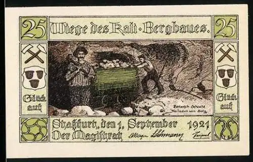 Notgeld Stassfurt 1921, 25 Pfennig, Wiege des Kali-Bergbaues mit Bergarbeitermotiv und Stadtwappen