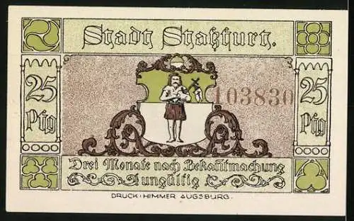 Notgeld Stassfurt 1921, 25 Pfennig, Wiege des Kali-Bergbaues mit Bergarbeitermotiv und Stadtwappen