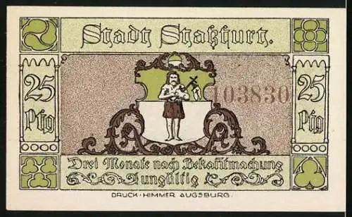 Notgeld Stassfurt, 1921, 25 Pfennig, Wiege des Kali-Bergbaues, Illustration von Bergarbeitern und Stadtwappen