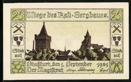 Notgeld Stassfurt 1921, 25 Pfennig, Vorderseite Abbildung von Bergbau-Symbolen und Stadtsilhouette, Stadtwappen