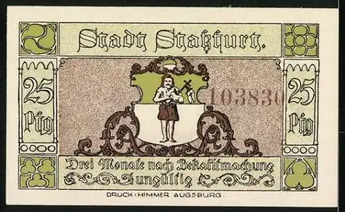 Notgeld Stassfurt 1921, 25 Pfennig, Vorderseite Abbildung von Bergbau-Symbolen und Stadtsilhouette, Stadtwappen