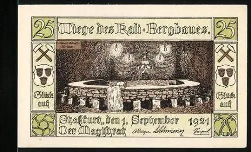 Notgeld Stassfurt 1921, 25 Pfennig, Wiege des Kali-Bergbaues und Stadtwappen mit Bergmann