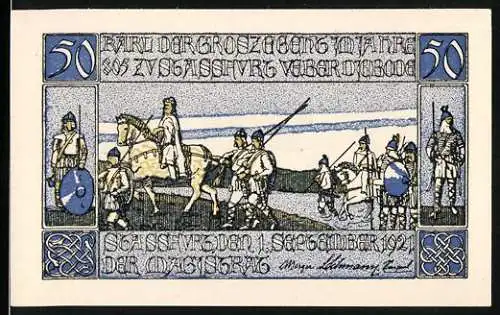 Notgeld Stassfurt 1921, 50 Pfennig, Vorderseite mit historischem Heer und Rückseite mit Stadtwappen und Seriennummer