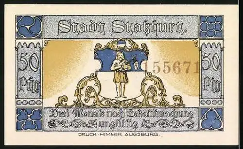 Notgeld Stassfurt 1921, 50 Pfennig, Vorderseite mit historischem Heer und Rückseite mit Stadtwappen und Seriennummer