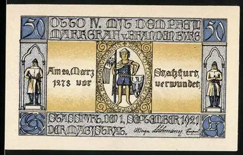 Notgeld Stassfurt 1921, 50 Pfennig, Otto IV. von Brandenburg, verwundet vor Stassfurt