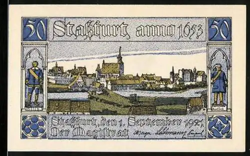 Notgeld Stassfurt 1921, 50 Pfennig, Stadtansicht und Wappen mit Mann