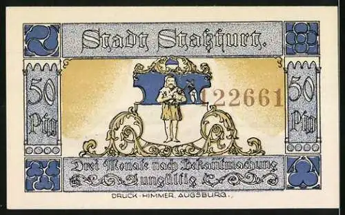 Notgeld Stassfurt 1921, 50 Pfennig, Stadtansicht und Wappen mit Mann