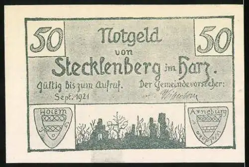 Notgeld Stecklenberg, 1921, 50 Pfennig, Ruine Lauenburg um das Jahr 1840, gültig bis zum Aufruf, September 1921