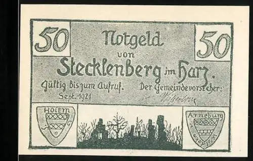 Notgeld Stecklenberg 1921, 50, Vorderseite mit Wappen und Burgruine, Rückseite mit Dorf und Schloss Stecklenberg 1810