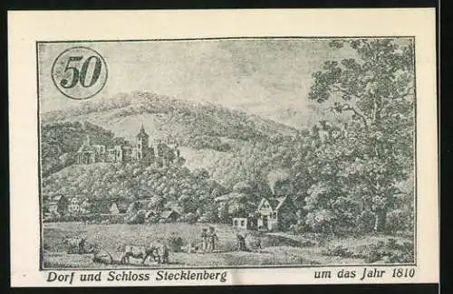 Notgeld Stecklenberg 1921, 50, Vorderseite mit Wappen und Burgruine, Rückseite mit Dorf und Schloss Stecklenberg 1810