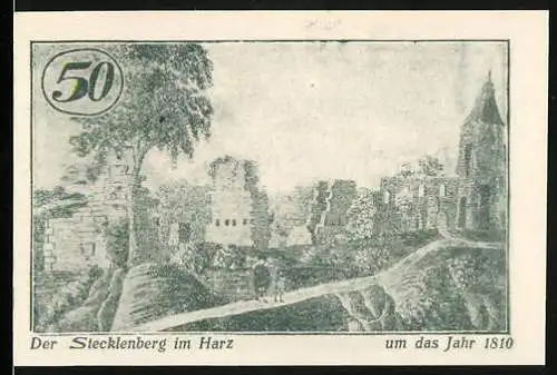 Notgeld Stecklenberg im Harz, 1921, 50 Pfennig, Burgruine mit Wappen und Landschaftsbild