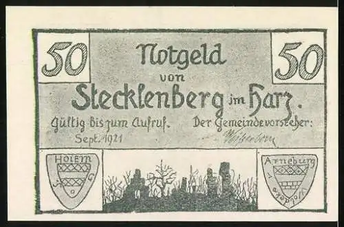 Notgeld Stecklenberg im Harz, 1921, 50 Pfennig, Burgruine mit Wappen und Landschaftsbild