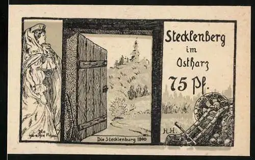 Notgeld Stecklenberg 1921, 75 Pf., Zeichnung einer Frau und einer Burg, Gültig bis zum Aufruf, Wappen von Hohegeiss und