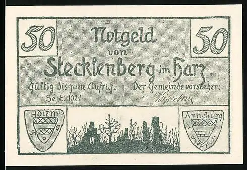 Notgeld Stecklenberg 1921, 50 Pfennig, Landschaft mit Ruine und Viehtrieb, Wappen von Holem und Arneburg