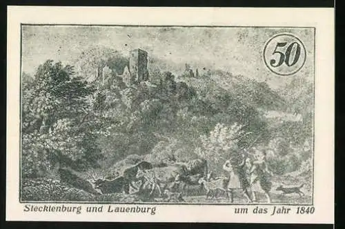 Notgeld Stecklenberg 1921, 50 Pfennig, Landschaft mit Ruine und Viehtrieb, Wappen von Holem und Arneburg