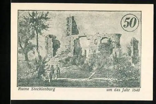 Notgeld Stecklenberg, 1921, 50 Pfennig, Ruine Stecklenburg um das Jahr 1840, gültig bis zum Aufruf, Wappen