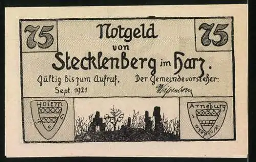 Notgeld Stecklenberg im Ostharz 1921, 75 Pfennig, Kanone und Ruinen auf der Vorderseite, Rückseite mit Wappen