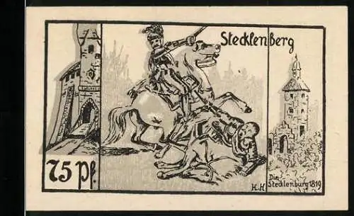 Notgeld Stecklenberg 1921, 75 Pfennig, Ritter auf Pferd und Stecklenburg