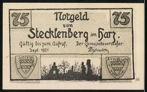 Notgeld Stecklenberg 1921, 75 Pfennig, Ritter auf Pferd und Stecklenburg