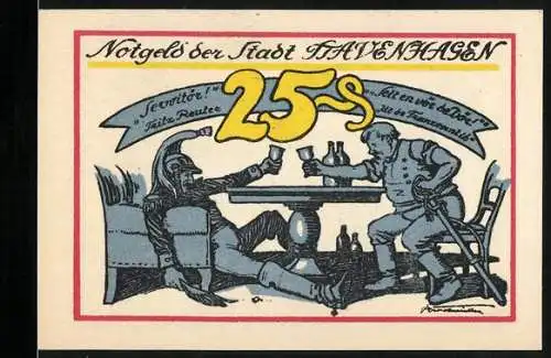 Notgeld Stavenhagen, 25 Pfennig, humorvolle Szene mit Trinkenden und Stadtansicht im Oval