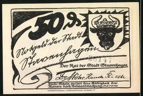 Notgeld Stavenhagen, 1921, 50 Pfennig, Männliche Figur in Fass mit Sonnenstrahlen und Stadtwappen