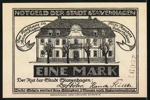 Notgeld Stavenhagen, Eine Mark, Fritz Reuter Porträt und Rathaus Stavenhagen Abbildung