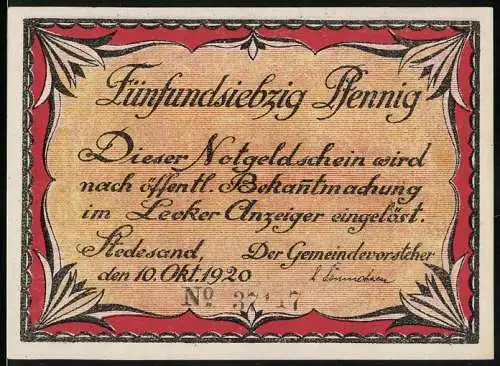 Notgeld Stedesand 1920, 75 Pfennig, Veröffentlichung im Lecker Anzeiger, ländliche Szene mit Frauen am Tisch