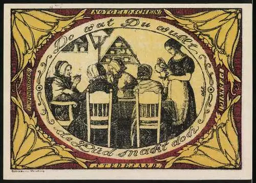 Notgeld Stedesand 1920, 75 Pfennig, Veröffentlichung im Lecker Anzeiger, ländliche Szene mit Frauen am Tisch