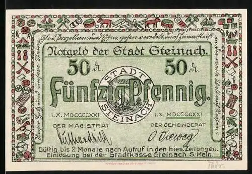 Notgeld Steinach 1921, 50 Pfennig, Stadt Steinach mit Stadtwappen und Kirchplatzillustration