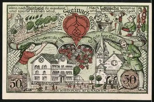 Notgeld Steinach 1921, 50 Pfennig, Stadt Steinach mit Stadtwappen und Kirchplatzillustration