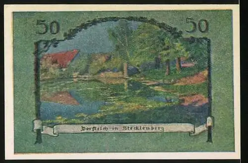 Notgeld Stecklenberg 1921, 50 Pfennig, Vorderseite Ritter mit Wappen und Rückseite Dorfszene