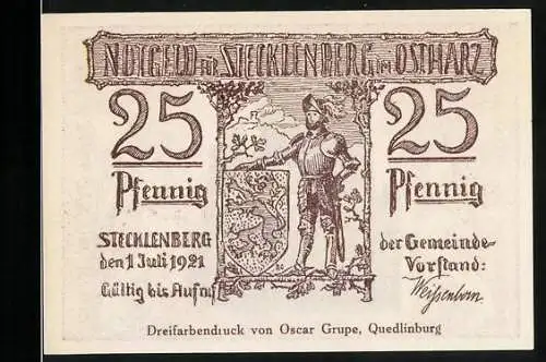 Notgeld Stecklenberg 1921, 25 Pfennig, Dreifarbendruck von Oscar Grupe Quedlinburg, Motiv Ritter und Lauenburg Ruine