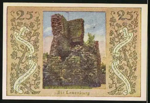 Notgeld Stecklenberg 1921, 25 Pfennig, Dreifarbendruck von Oscar Grupe Quedlinburg, Motiv Ritter und Lauenburg Ruine