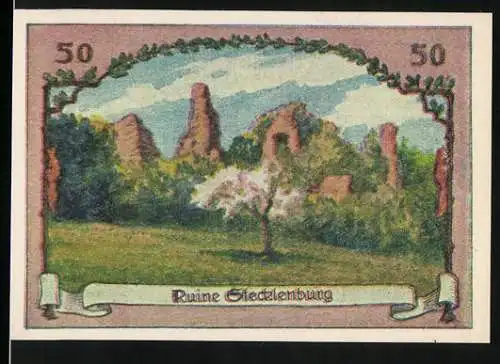 Notgeld Stecklenberg, 1921, 50 Pfennig, Ruine Stecklenburg und Ritter mit Wappen