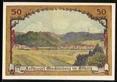 Notgeld Stecklenberg, 1921, 50 Pfennig, Luftkurort im Ostharz und Ritter mit Wappen, Dreifarbdruck von Oscar Grupe