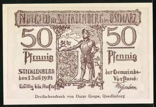 Notgeld Stecklenberg, 1921, 50 Pfennig, Luftkurort im Ostharz und Ritter mit Wappen, Dreifarbdruck von Oscar Grupe