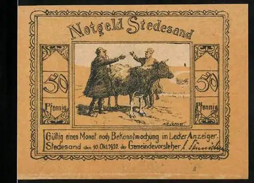 Notgeld Stedesand, 1920, 50 Pfennig, Illustration von zwei Männern mit Kuh und Windmühle, Nr. 22261