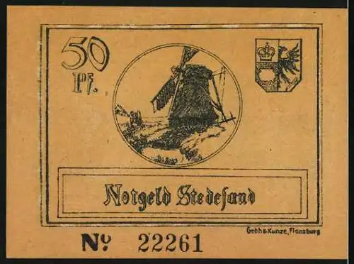 Notgeld Stedesand, 1920, 50 Pfennig, Illustration von zwei Männern mit Kuh und Windmühle, Nr. 22261