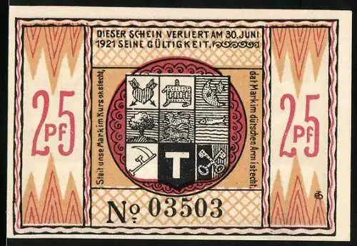 Notgeld Steinfeld 1920, 25 Pf, Gültigkeit bis 30. Juni 1921, Wappen und Dorfsilhouette