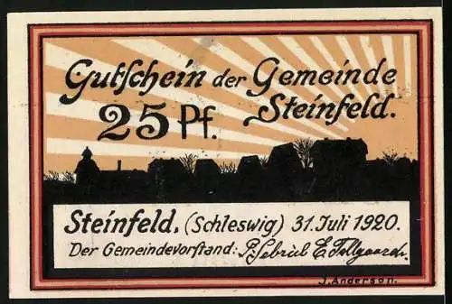 Notgeld Steinfeld 1920, 25 Pf, Gültigkeit bis 30. Juni 1921, Wappen und Dorfsilhouette