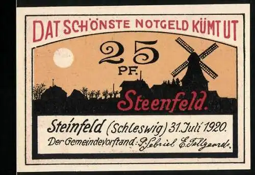 Notgeld Steinfeld, 1920, 25 Pf., Gutschein der Gemeinde Steinfeld (Schleswig), Windmühle und Landschaft, No. 22197