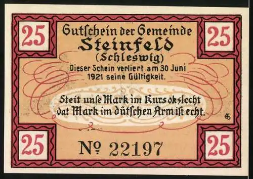 Notgeld Steinfeld, 1920, 25 Pf., Gutschein der Gemeinde Steinfeld (Schleswig), Windmühle und Landschaft, No. 22197