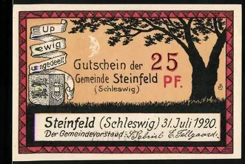 Notgeld Steinfeld (Schleswig) 1920, 25 Pf, Gutschein der Gemeinde Steinfeld, Baum und Gebäude, Tänzer in Kreis