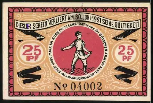 Notgeld Steinfeld (Schleswig) 1920, 25 Pf, Gutschein der Gemeinde Steinfeld, Baum und Gebäude, Tänzer in Kreis