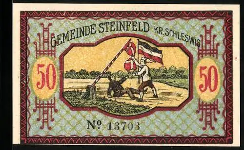 Notgeld Steinfeld, 1920, 50 Pfennig, historische Szene mit Flagge und Porträt von Uwe Jens Lornsen
