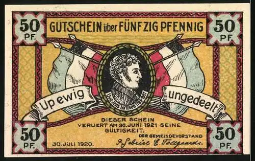 Notgeld Steinfeld, 1920, 50 Pfennig, historische Szene mit Flagge und Porträt von Uwe Jens Lornsen