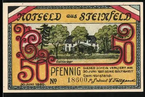 Notgeld Steinfeld 1920, 50 Pfennig, Goldacker und Bäume in Steinfeld in Angeln