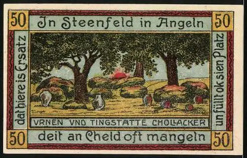 Notgeld Steinfeld 1920, 50 Pfennig, Goldacker und Bäume in Steinfeld in Angeln