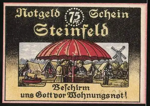 Notgeld Steinfeld, 1921, 75 Pfennig, Wappen und Dorfszene mit rotem Schirm, gültig bis 30. November 1921