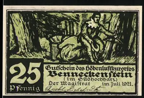 Notgeld Benneckenstein 1921, 25 Pfennig, Jägersmann im Walde und Text, Gültigkeitshinweis, grün-schwarz